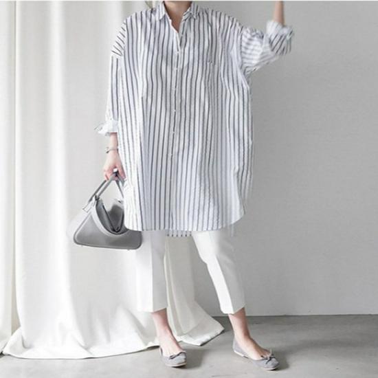 2025 Women's Plus Size Striped Long Sleeve Shirt - Casual, Loose Fit, 4 Colors, Japan & South Korea Style