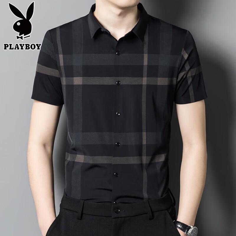 PLAYBOY Men s Ice Silk Plaid Short Sleeve Lapel Shirt 4XL