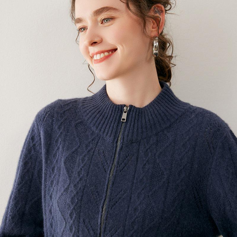 Women's Cashmere Zipper Stand Collar Cardigan - Thick, Loose, Slimming Knit Sweater Coat for Autumn & Winter