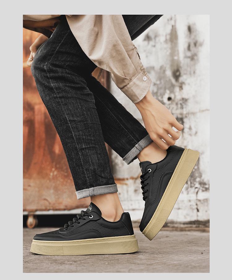 Men's Trendy Breathable White Leather Sneakers: Versatile, Thick-Soled Casual Shoes