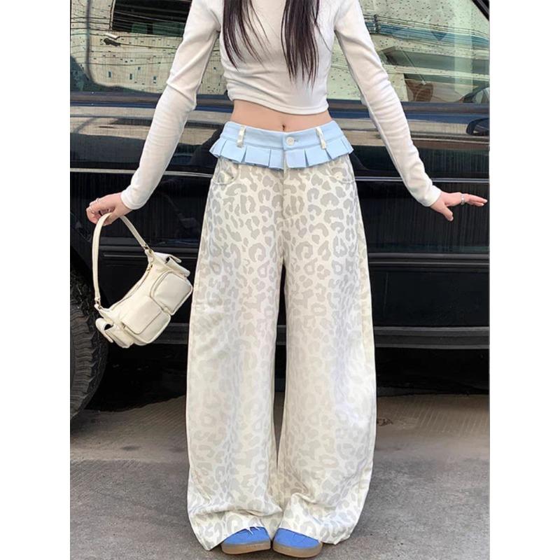 Baggy Patchwork Leopard Pants Woman Y2k Harajuku High Waist Wide Leg Trousers Vintage Streetwear Fashion Pantalones