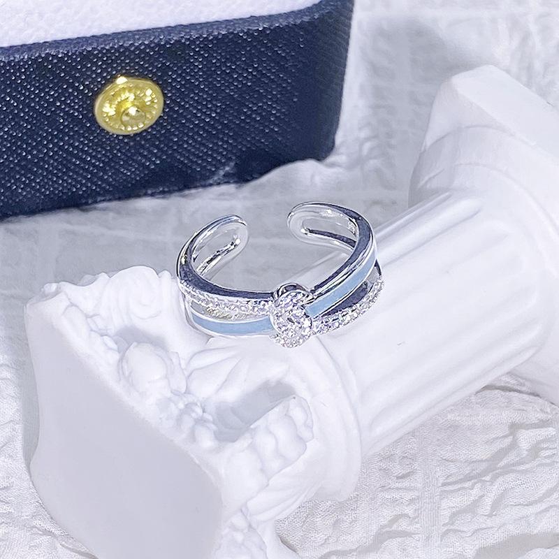 Blue Enamel Oil Drop Flower Bow Star Opening Ring Women'S Niche High-End Light Luxury Ring