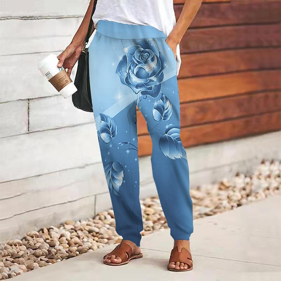 Women Flower Printing Pants Lace Up Elastic Waist Loose  Trousers Casual Long Pants Trousers with Pockets