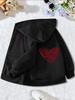 Black Zip Up Hoodie Side Tiny Red Heart Print Back Large Sketch Grid Red Heart Graphic Casual Street Sweatshirt