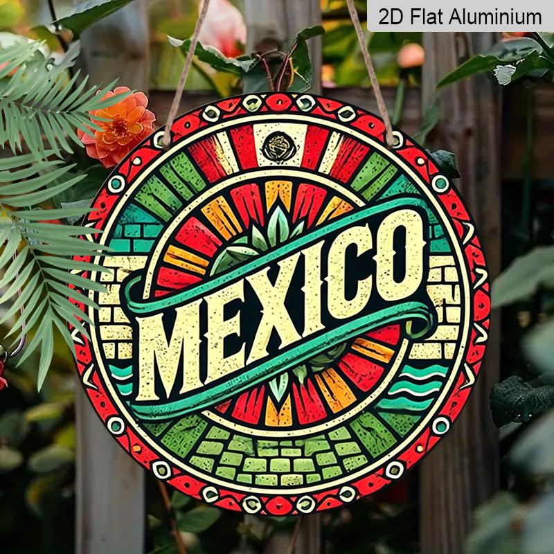 2D Flat, 1pc Round Mexico Themed Aluminum Hanging Sign, Colorful Mexican Flag Talavera Style Design, Retro Metal Wall Decor, Perfect for Cinco De