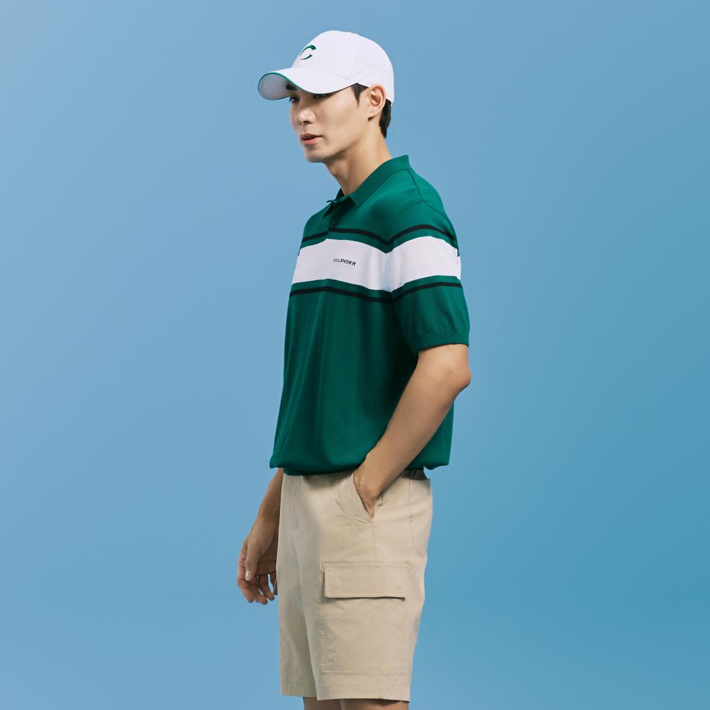 CHALLENGER Men'S Color Block Stripe Collared Knit Pullover Dark Green