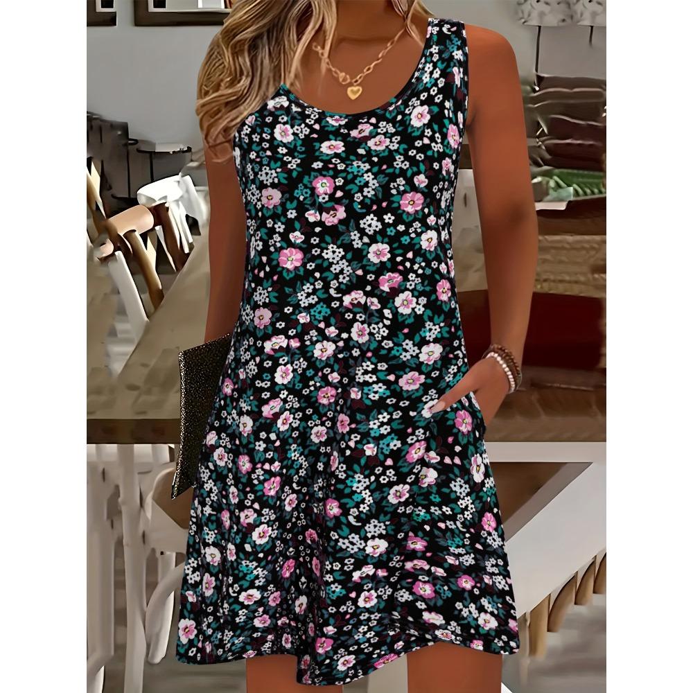 Fashion Women Sleeveless U Neck Midi Dress Solid Color Knee Length A Line Casual Summer Dresses