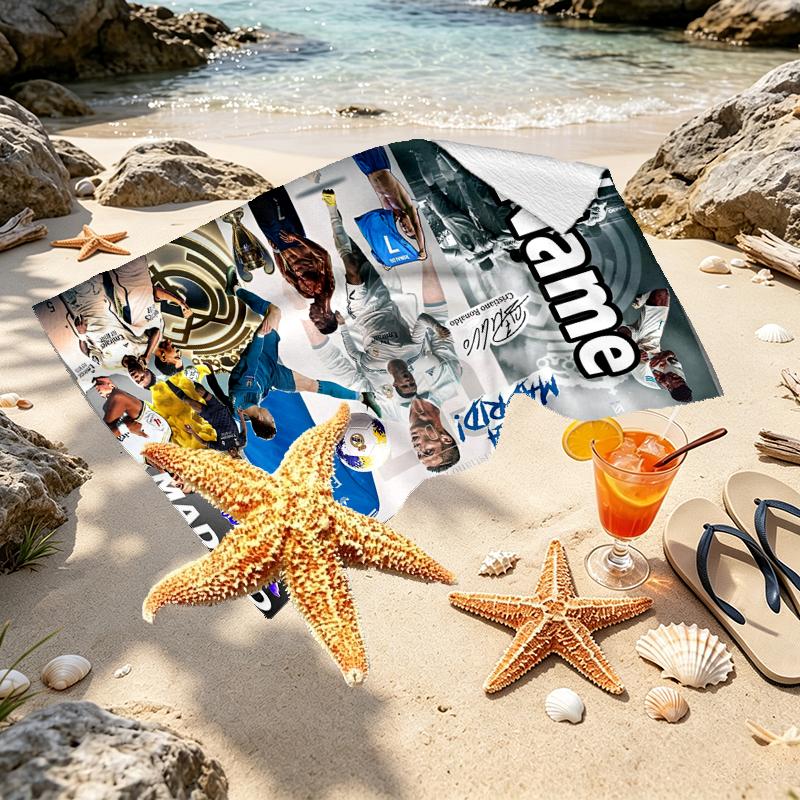 Custom Name Personalized Real Madrid Print Beach Towel, for Trip Camping Beach Party Home Decor, Birthday Gift for Family & Friends