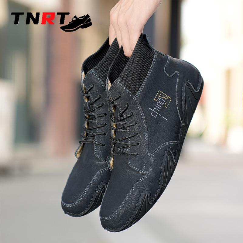 Mens Handmade Leather Casual Shoes Original Design Male Work Office Driving Sneakers Outdoor Waterproof High Top Luxury Footwear