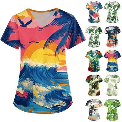 Moda Feminina Decote V Manga Curta Roupa de Trabalho Com Bolso Estampa Havaiana Top Fato de Cuidadora