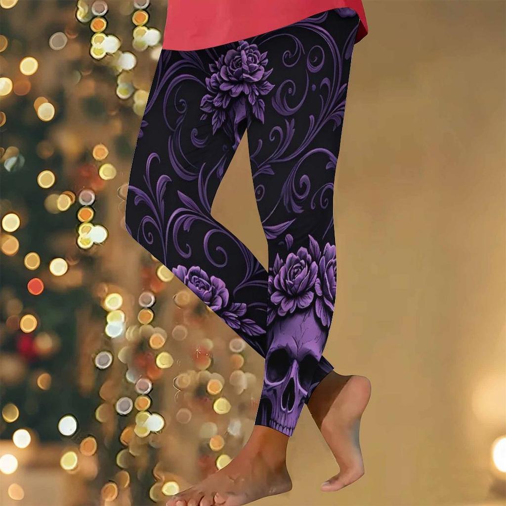 Women's Leggings Vintage Fashion Casual Ankle-Length High Waist  Halloween Golden Floral Skull  Printing Thermal Warm Soft Breathable Micro-elastic