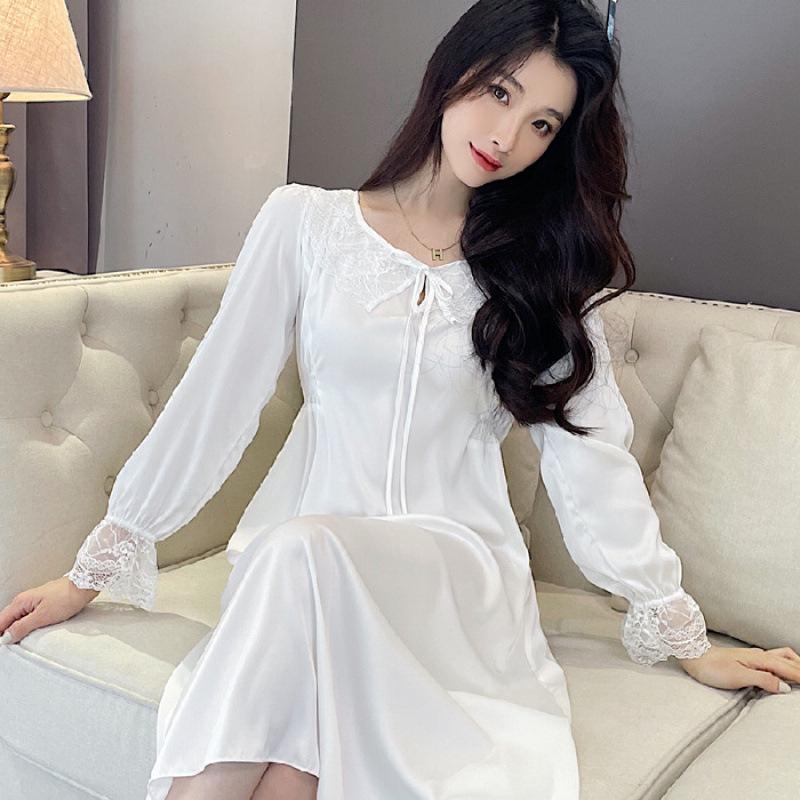 Cămașă de noapte lungă pentru femei din mătase de gheață cu garnitură de dantelă - Primăvară/Toamnă