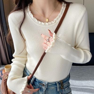 Autunno Ruffles a maglia Scollo a O Manica Lunga Maglione aderente Top Maglione da donna Pullover tinta unita Da donna Casual camicie bianche Maglioni morbidi