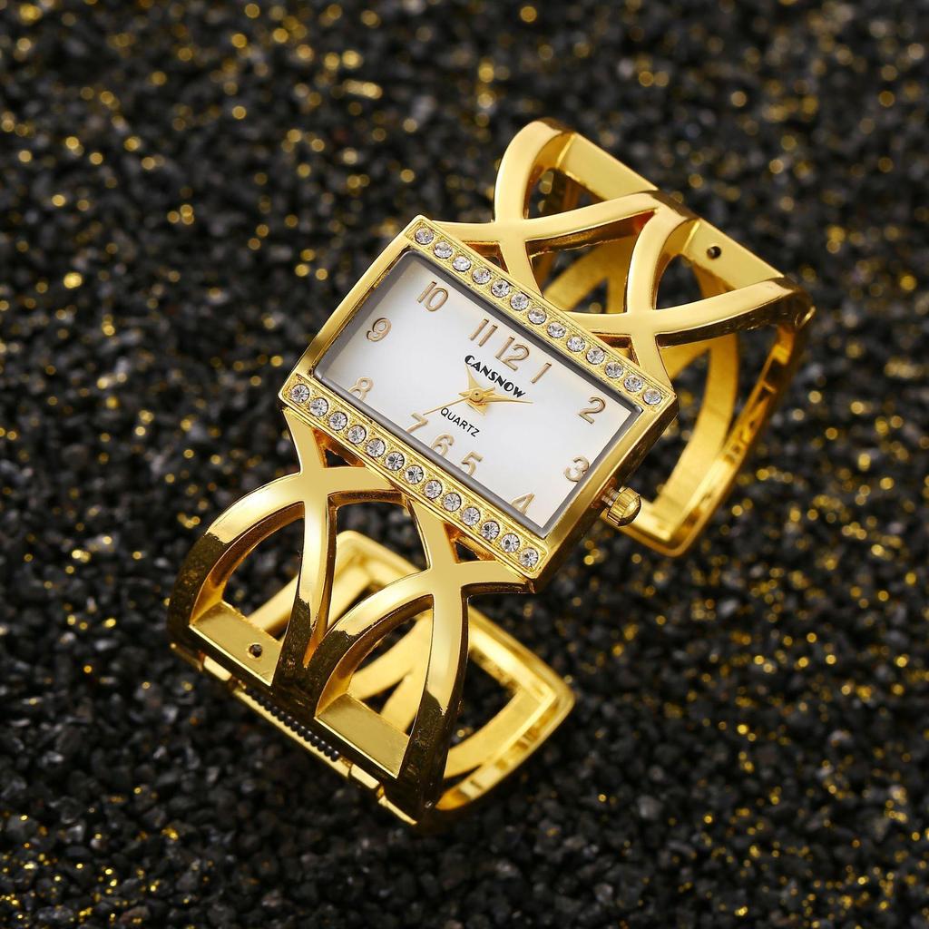 CANSNOW Rechteckige Damen-Armbanduhr Gold Silber Armreif Uhren für Damen Strass Stahlarmband Quarz Modeuhr für Damen