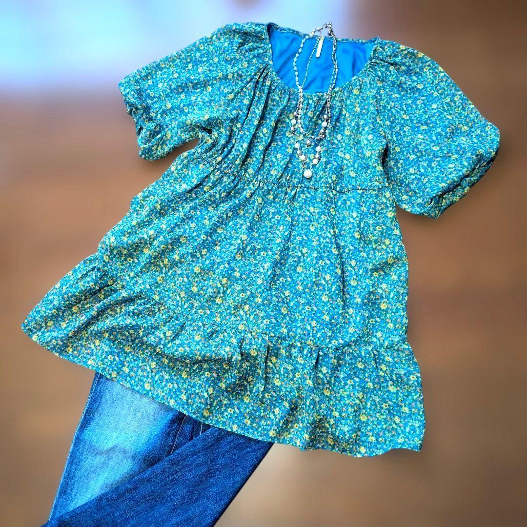 Rope Picnic Tunic Short Sleeve Floral Pattern Lantern Sleeve