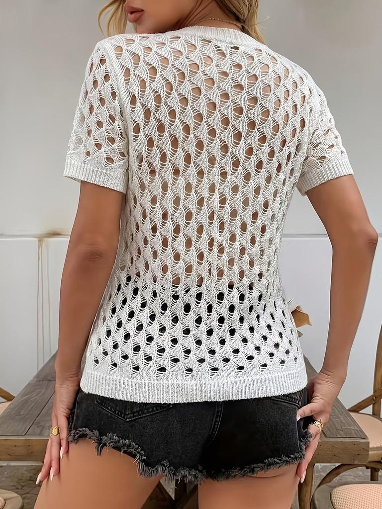 Women's V-Neck Hollow-Out Knit Short-Sleeve Loose Summer Top