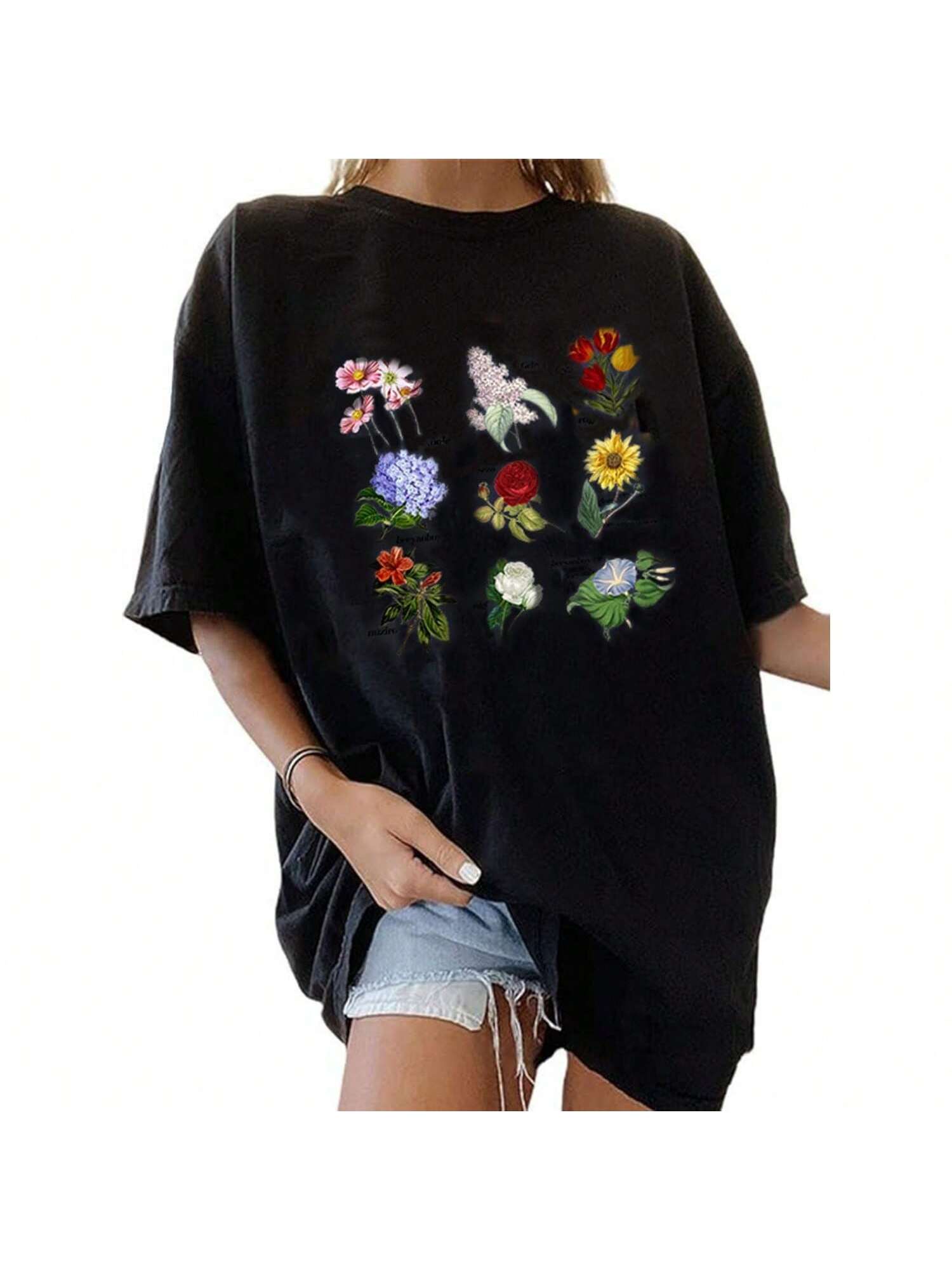 Wounisex s Graphic Floral T Shirt Boho Wildflower Graphic Loose Tees Short Sleeve Vintage Summer Casual Tee Tops S разноцветный