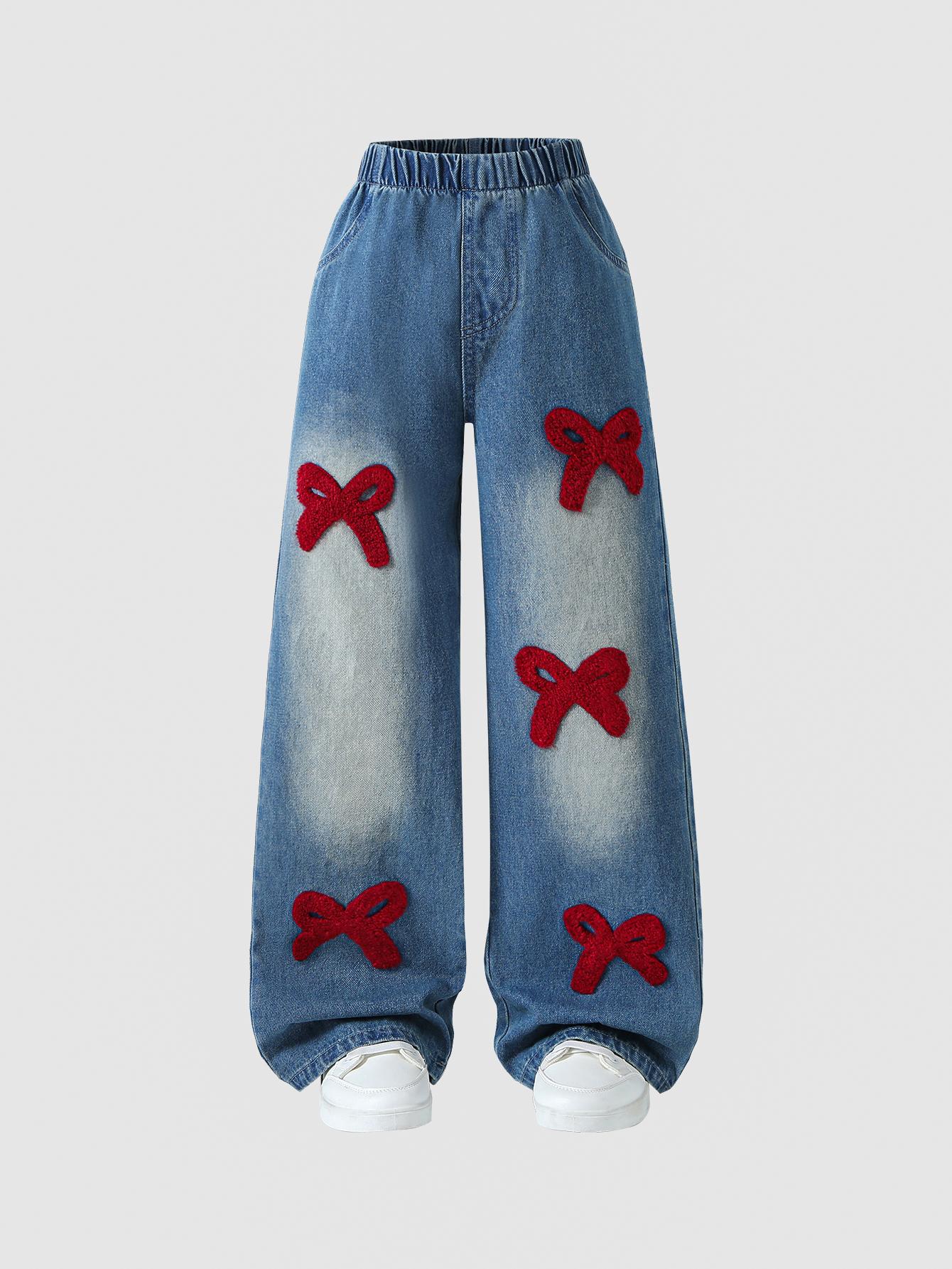 Girls Casual Wide-Leg Jeans – Simple, Stylish, & Cute; Features Flocked Bow Detail, Slimming Fit, Loose Straight-Leg Cut, and Drapey Fabric. 8Y средний синий