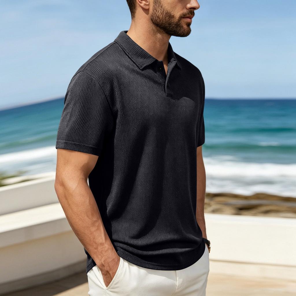 Men's Casual Polo Shirt Short Sleeve Striped Collar European Fit Lightweight Breathable Summer Top