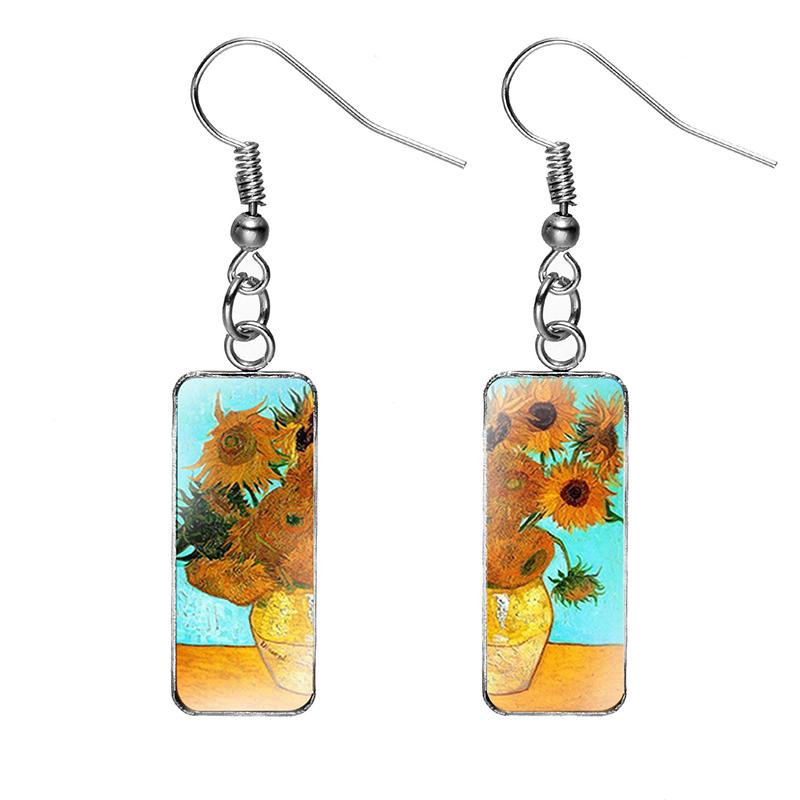 Van Gogh Earrings Jewelry Rectangle Stainless Steel Glass The Starry Night Drop Earrings For Women Girls