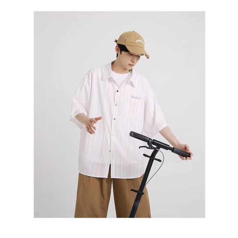 

Summer Retro Short-sleeved Striped Shirt Men and Women Couples Style Loose Casual Shirt Jacket 2XL белый