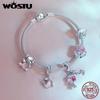 WOSTU 925 Sterling Silver Pink Couple Hearts Charm Star Bear Beads Dolphin Pendants Fit Original Bracelet DIY Jewelry