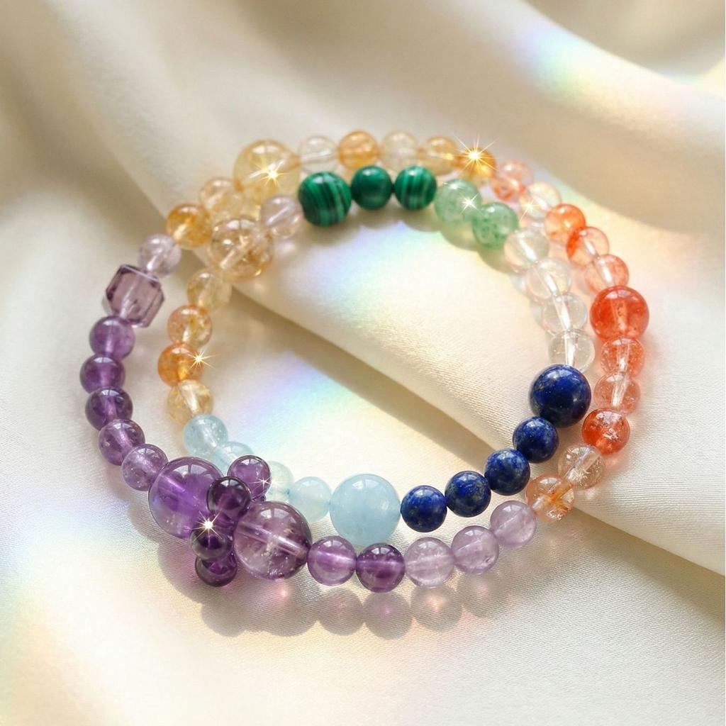 As desired2Original multi-bead double-ring crystal bracelet for women with lapis lazuli, malachite, amethyst, and aquamarine