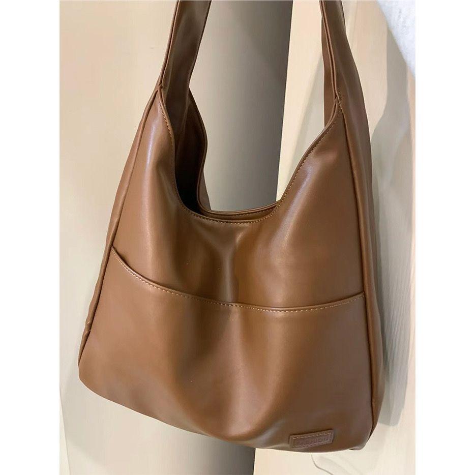 Simple Soft PU Leather Women's Handbags Large Capacity Ladies Bucket Shoulder Bags Commuter College Style Girls Book Tote Bag