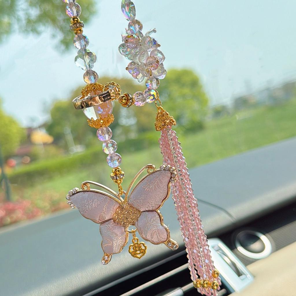 Women Song Brocade Butterfly Crystal Car Pendant Rearview Mirror Hanging Decoration