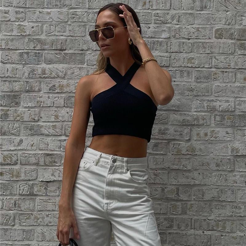 2024 Spring/Summer Women's Knitted Backless Cross Halter Strap Bralette Sweater Tank Top