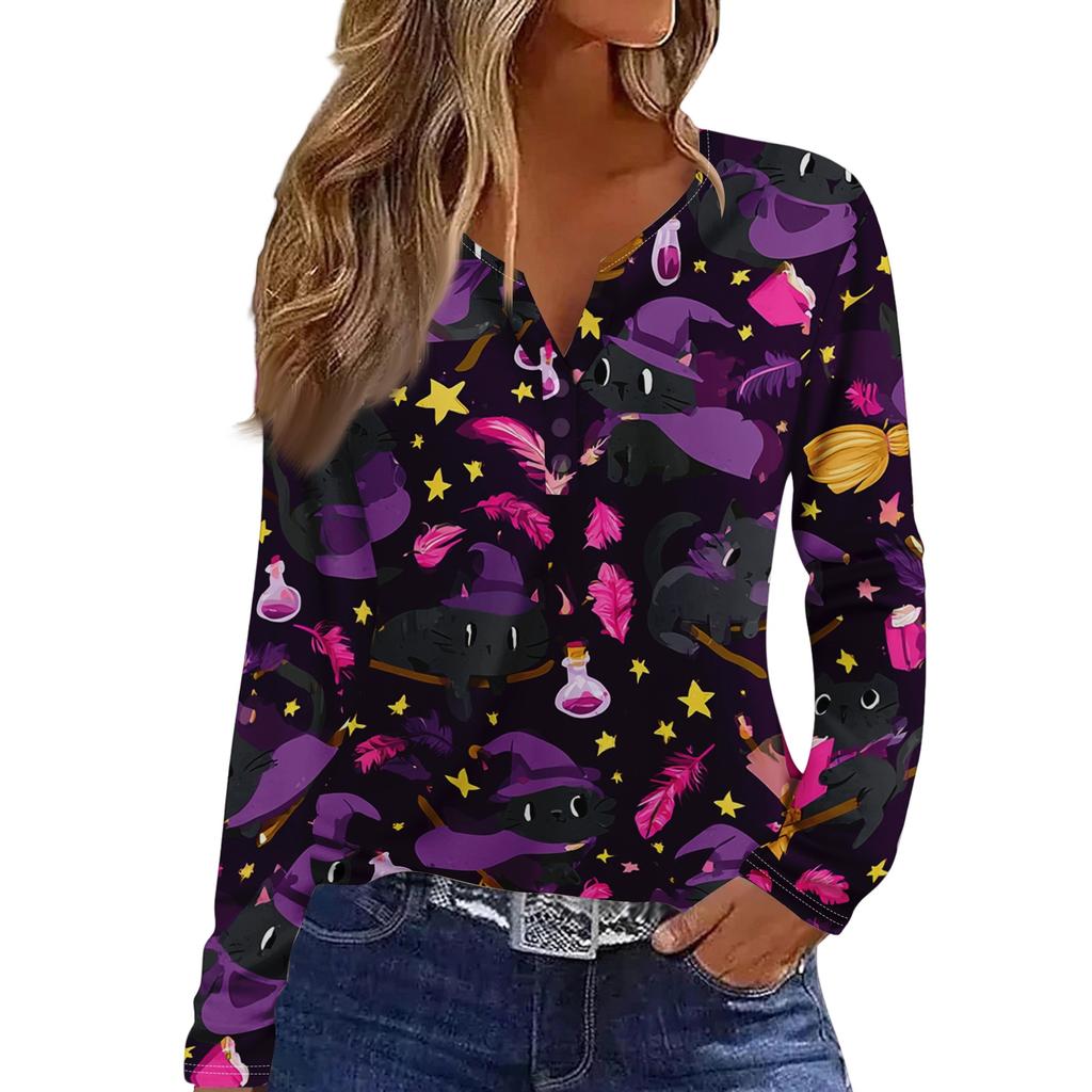 Women's Halloween Print V-Neck Long Sleeve T-Shirt with Button for Casual Holiday Wear