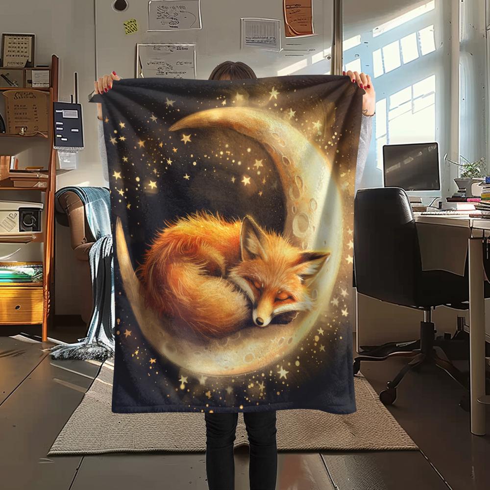 Fox and Moon pattern Flannel Blanket, High quality Comfortable for All Seasons, Home Decor, Warmth and Comfort, Perfect for Gifts.