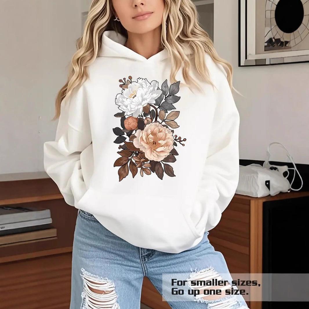 

Ladies Spring Autumn Casual Hooded Long Sleeve Big Pocket Flower Printed Pullover Hoodies Sweatshirt Top S