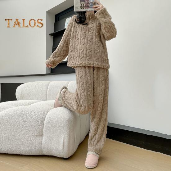 Set de 2 bucăți de pijamale de iarnă unisex Guler de culoare solidă Închidere cu fermoar Pânză de corali îngroșată Îmbrăcăminte de acasă haină de pantaloni Set de îmbrăcăminte largi de găzduire Lenjerie de noapte