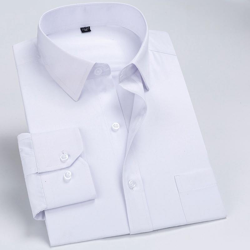 New Men Formal Shirt Long Sleeve Office Solid Color Striped Anti-Wrinkle Fashion Business Pocket White Social Pocket Shirt S-7XL