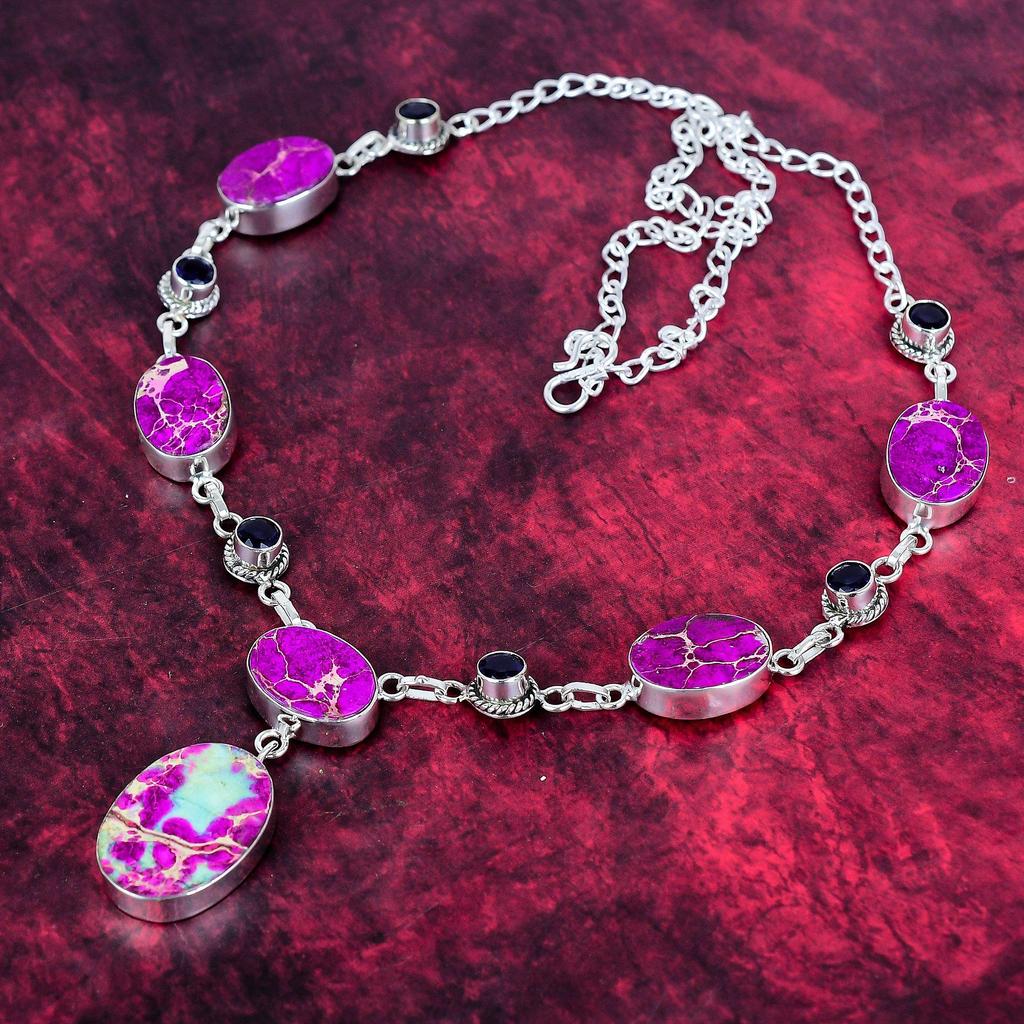 Purple Sea Sediment & Iolite Necklace Gemstone Jewelry, 925 Solid Sterling Silver Necklace, Handmade Jewelry Birthstone Necklace