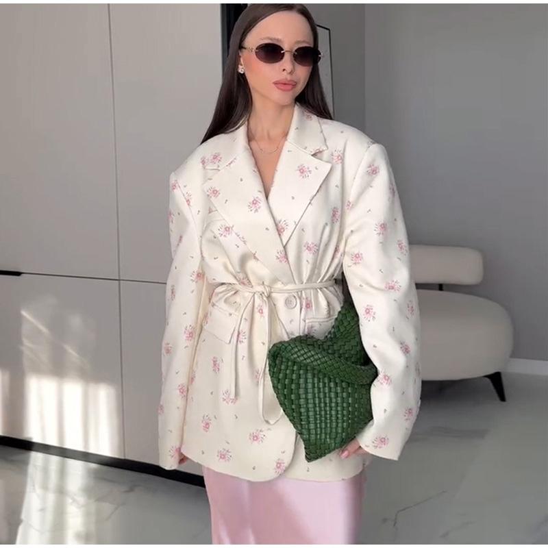 Women's Spring/summer 2025 New Fashion Printing Loose Suit Collar Lace-up Waist Suit Jacket