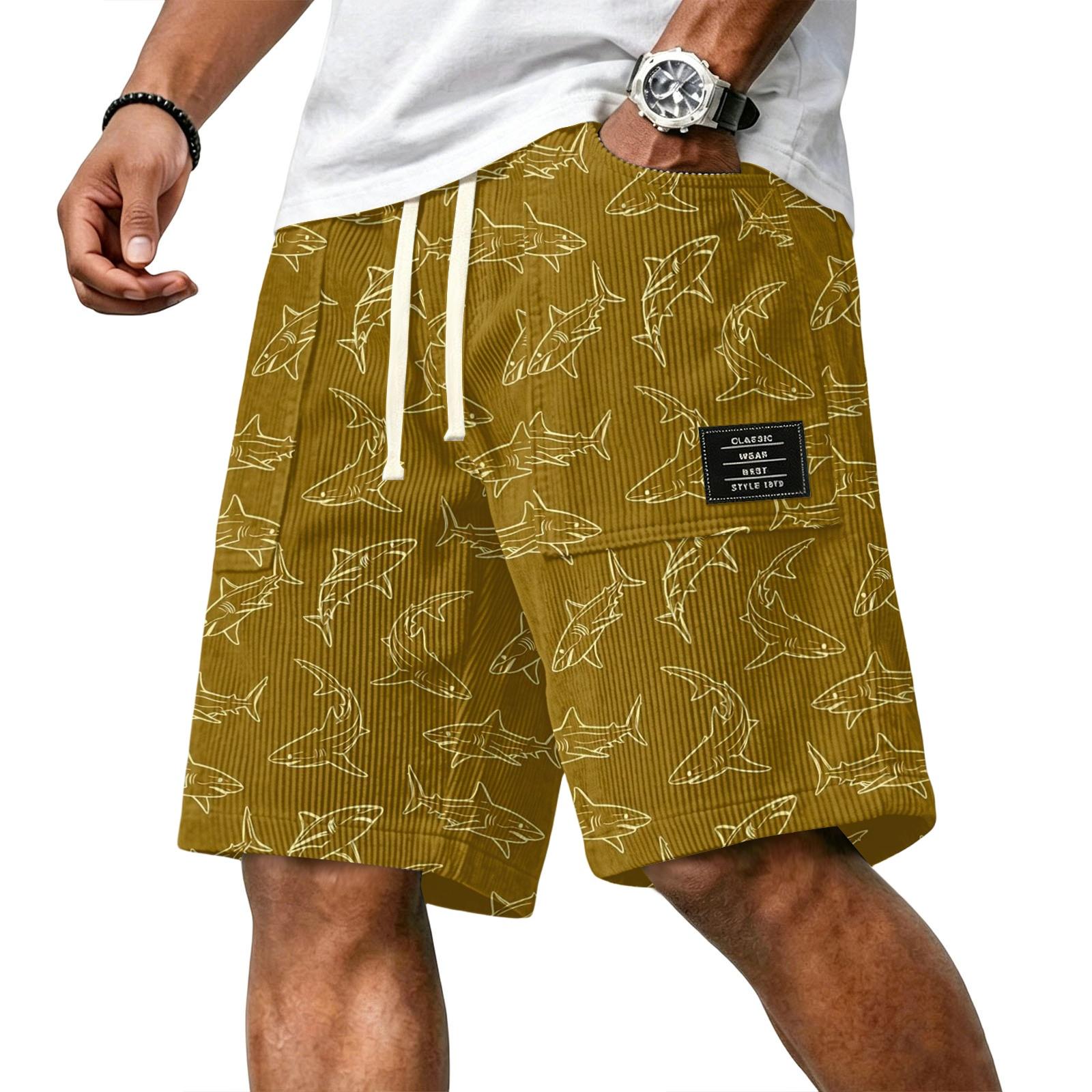 

Men Corduroy Drawstring Shorts with Tropical Leaf Print Elastic Waist Casual Fit Summer Beachwear Classic Wear Style 1979 XXXXXL