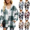 Women's Hooded Long Sleeve Shirt Loose Fit Casual Plaid Button Down Shacket Oversized Outerwear