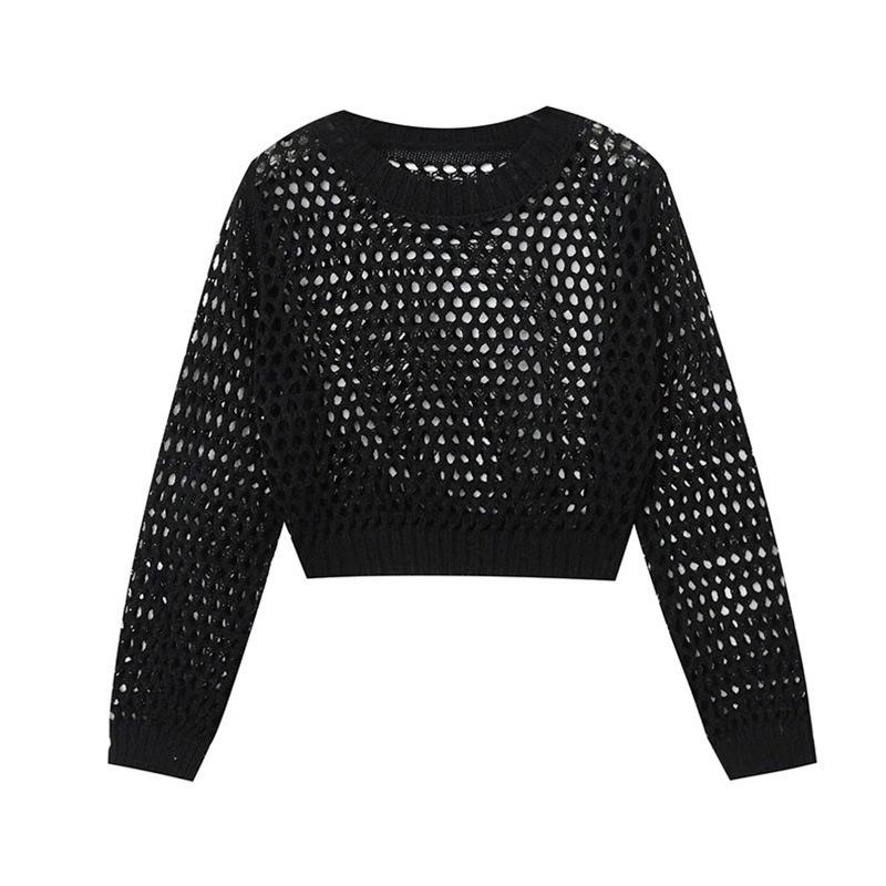 Spring and Summer Long Sleeve Hollow Knitted Sweater Women's Solid Color Inner Suspender Pullover Crew Neck Top Short Grid Design