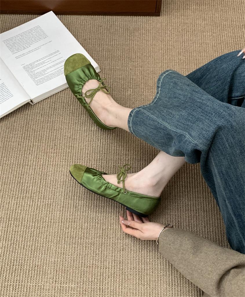 ~ Retro Pleated Lace-up Flat Mary Jane Shoes Shallow Mouth Single Shoes Women's Round Head One Pedal Ballet Shoes