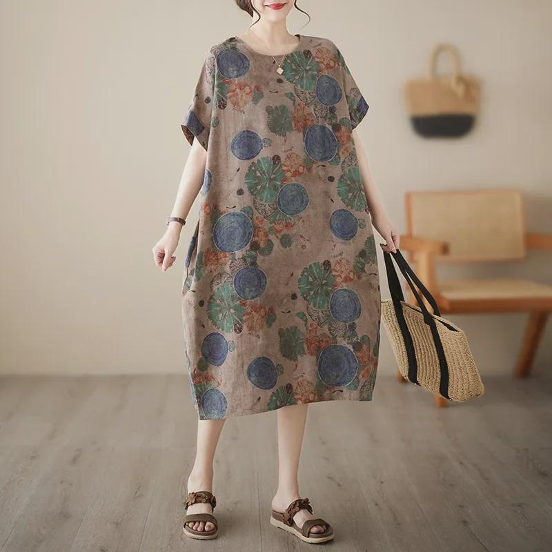 2023 Summer Plus Size Cotton Linen Print Dress - Retro Ethnic Style for Women