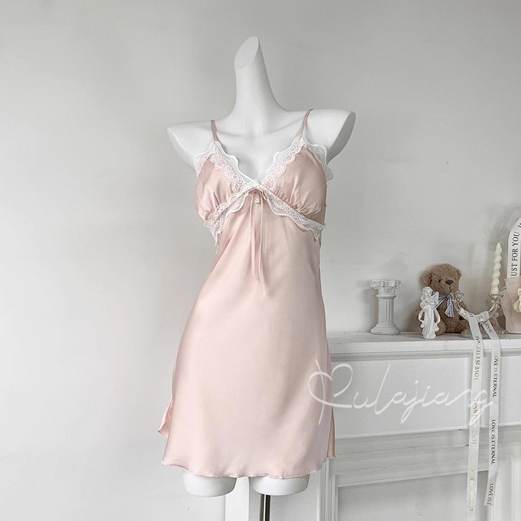 Satin Ice Silk Lace Nightdress with Chest Pad - Women's Thin Sling High-End Pajamas