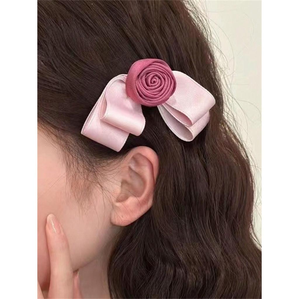 1 pince à cheveux rose fraîche et douce pour l'été pour femme, nouveau nœud pour l'arrière de la tête, demi-attaché sur le côté avec frange cassée, accessoires pour cheveux