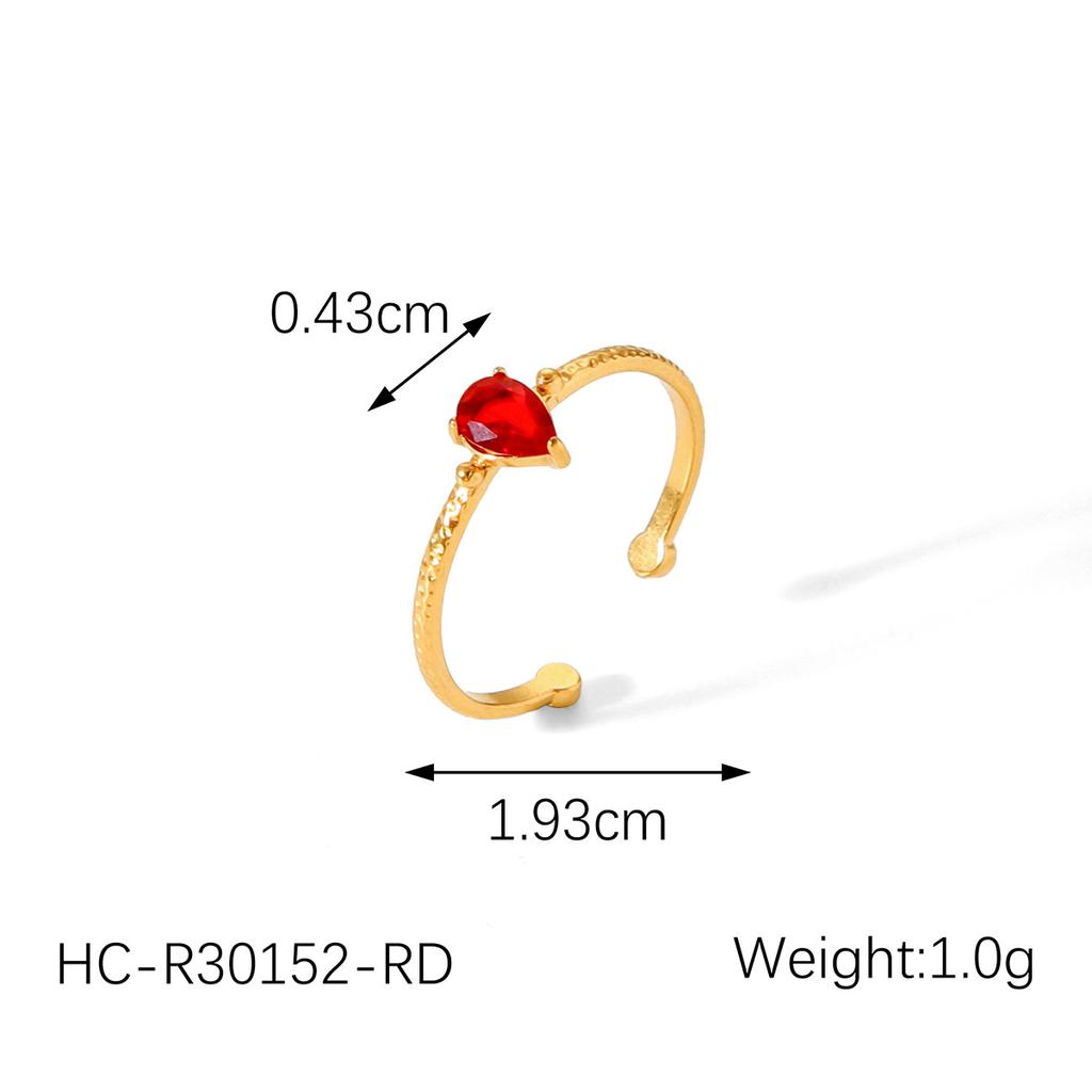 French Light Luxury 18K Gold Plated Stainless Steel Zircon Inlaid Retro High-end Teardrop Hammered Open Ring for Women