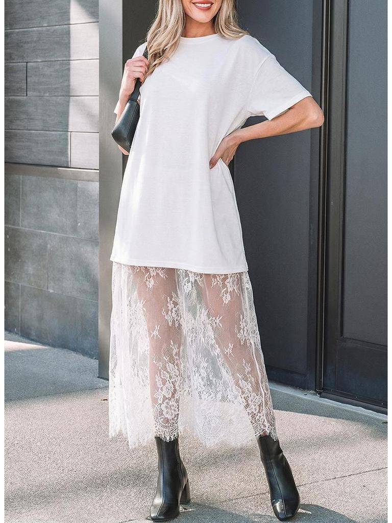 2025 Summer European & American Women's Lace Patchwork Short Sleeve Long Dress