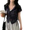 Women's Korean Style Plaid Short-Sleeve Shirt with Gathered Hem and Drawstring for a Youthful Look