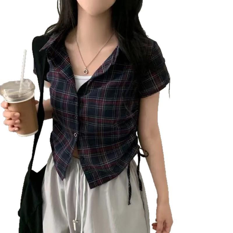 Women's Korean Style Plaid Short-Sleeve Shirt with Gathered Hem and Drawstring for a Youthful Look