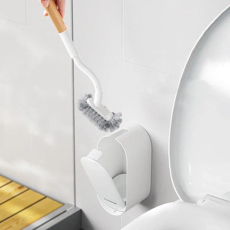 Toilettenbürste mit Holzgriff und Halter, gebogenes Design, abgewinkelte Reinigungsbürste, WC-Wand-Toilettenbürste, Badezimmerzubehör