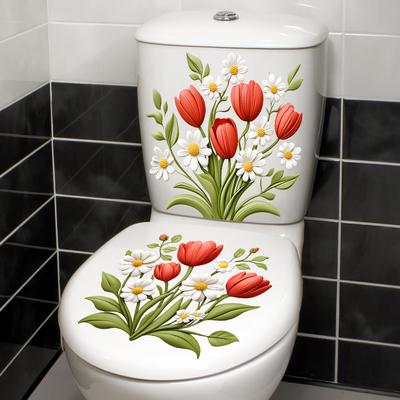 Hand Painted Flowers Toilet Seat Sticker Artistic Bathroom WC Decoration Waterproof Removable Decal for Home